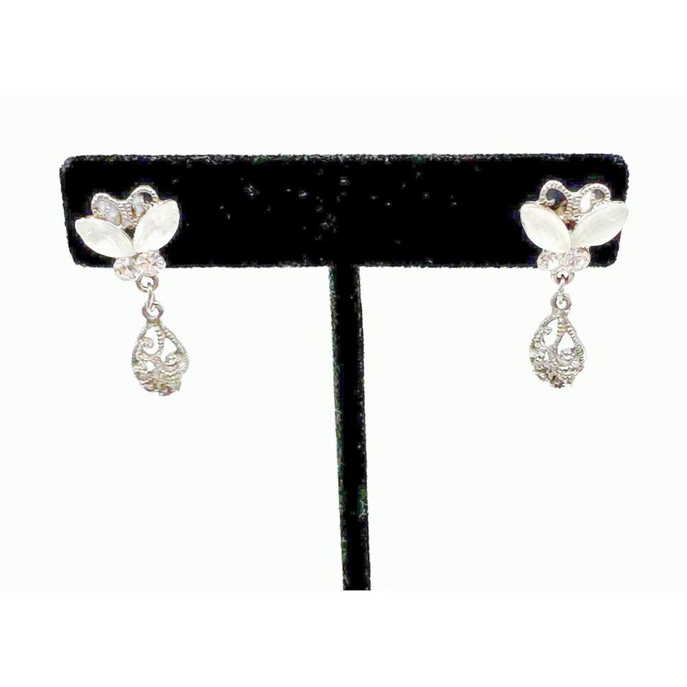 Earrings Drop Crystal Silver Scroll Elegant 30’s Style  1"